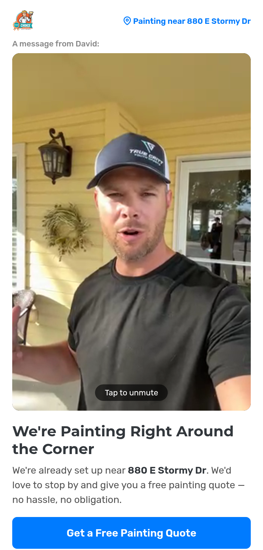 Example Video Door Knock landing page — personalized video from a rep with a Get a Free Quote button.